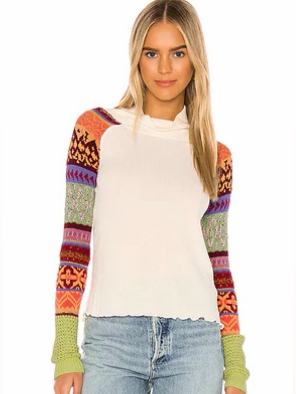 Free People Prism Ivory Ribbed Knit Crowl Neck Sweater Size Medium